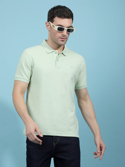 Green Jacquard Polo-Neck T-Shirt-Men T-Shirts-Crimsoune Club