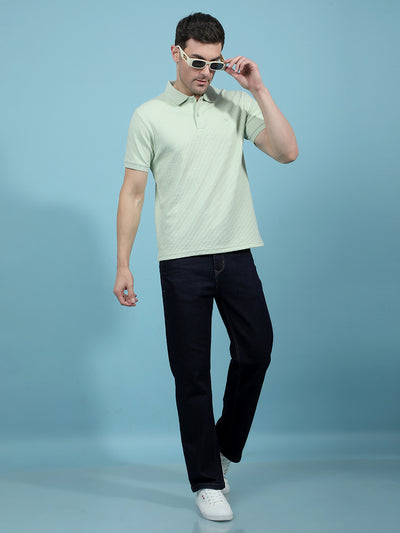 Green Jacquard Polo-Neck T-Shirt-Men T-Shirts-Crimsoune Club