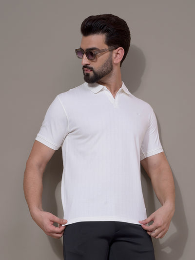 White Jacquard Polo Neck T-Shirt-Men T-Shirts-Crimsoune Club