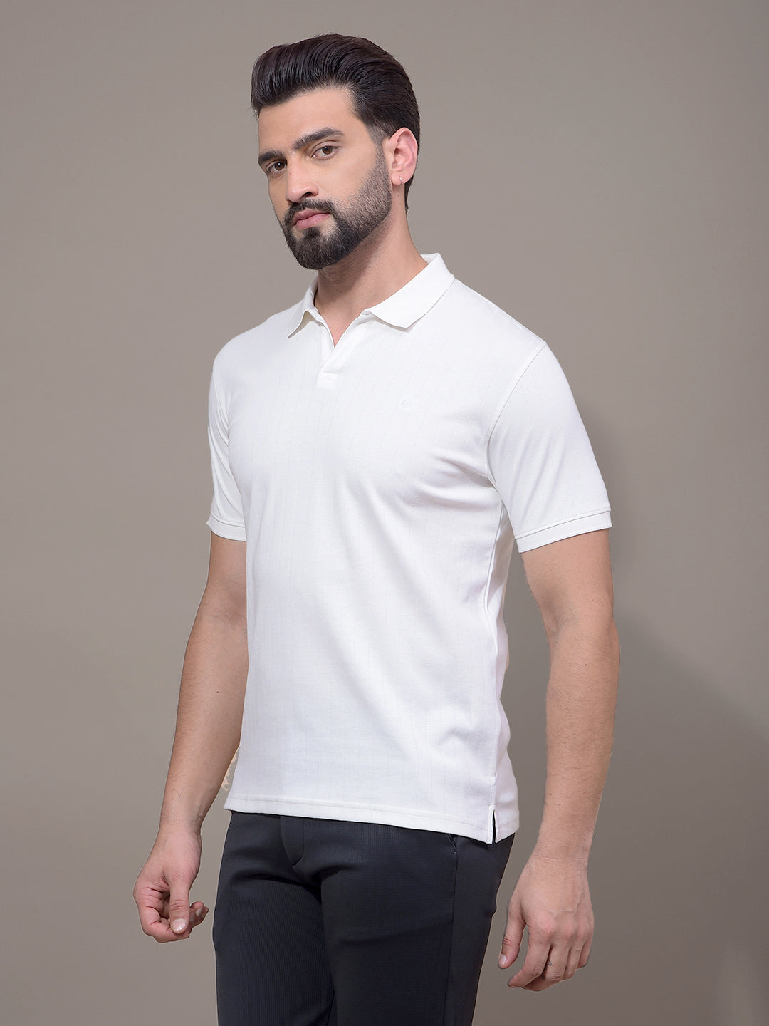 White Jacquard Polo Neck T-Shirt-Men T-Shirts-Crimsoune Club