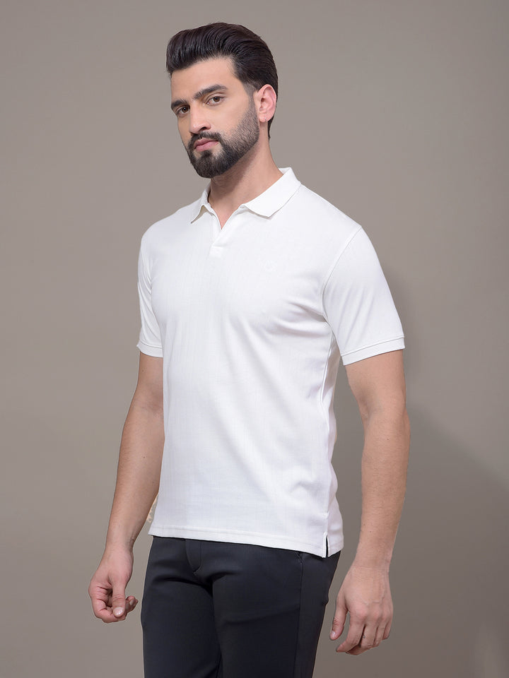 White Jacquard Polo Neck T-Shirt-Men T-Shirts-Crimsoune Club