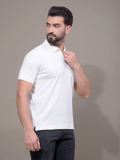White Jacquard Polo Neck T-Shirt-Men T-Shirts-Crimsoune Club