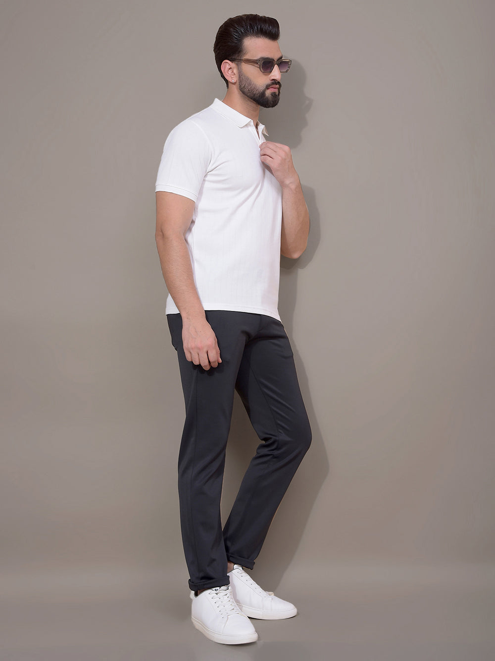 White Jacquard Polo Neck T-Shirt-Men T-Shirts-Crimsoune Club