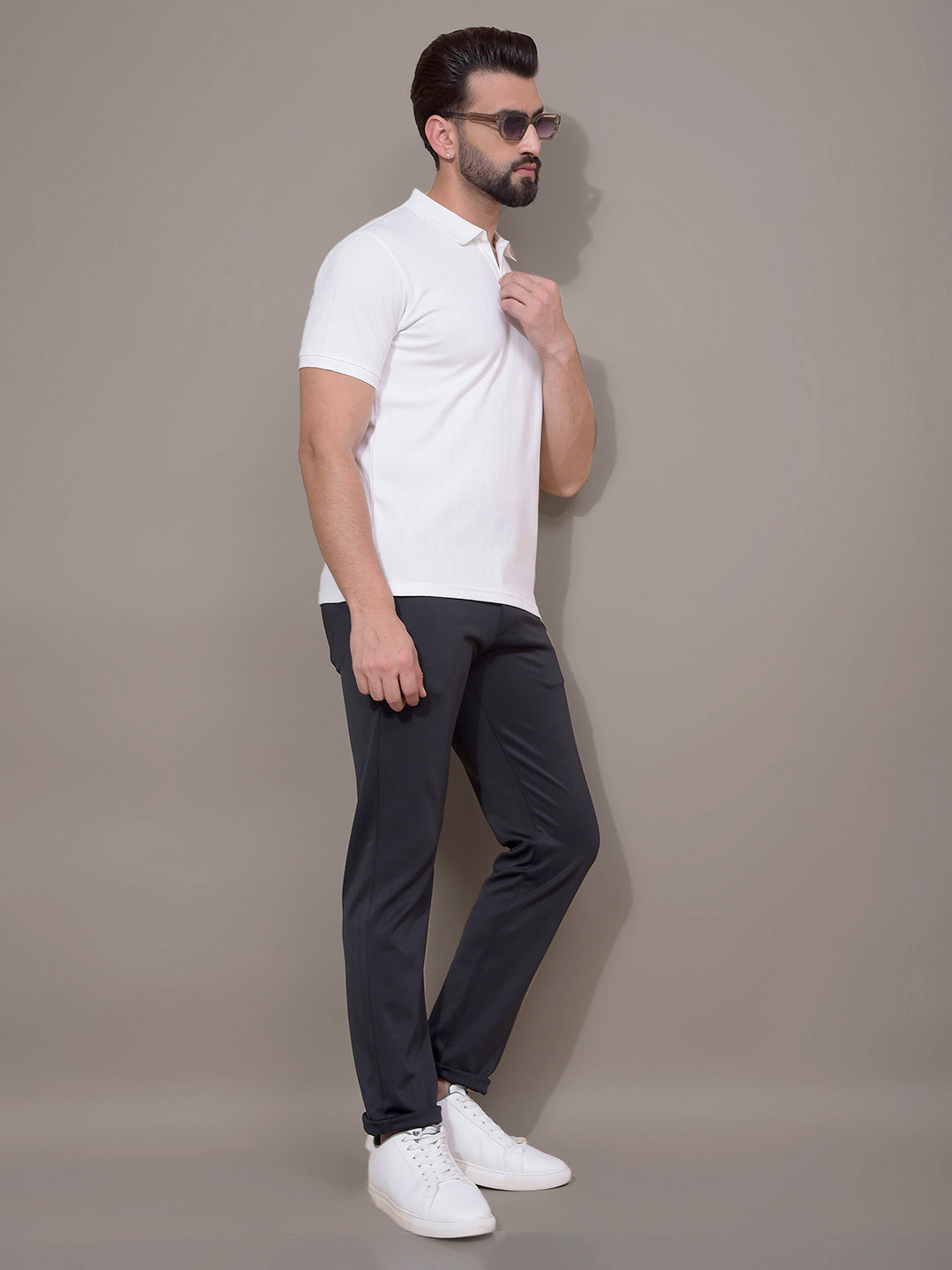 White Jacquard Polo Neck T-Shirt-Men T-Shirts-Crimsoune Club
