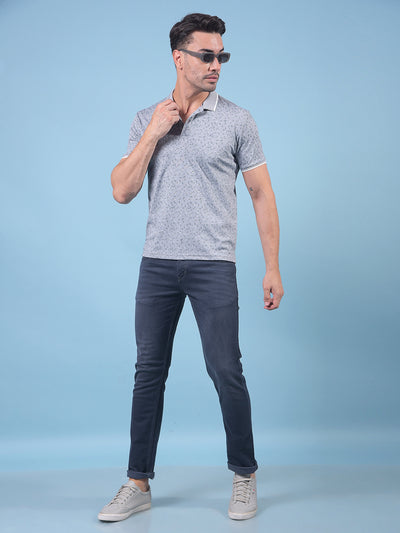 Grey Printed Polo Neck T-Shirt-Men T-Shirts-Crimsoune Club