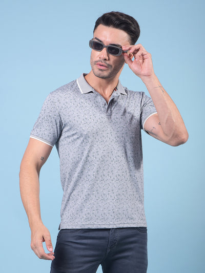 Grey Printed Polo Neck T-Shirt-Men T-Shirts-Crimsoune Club