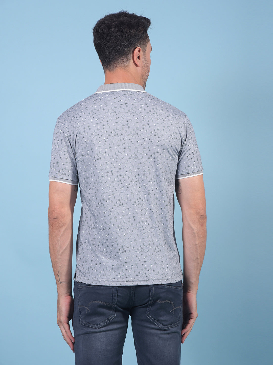 Grey Printed Polo Neck T-Shirt-Men T-Shirts-Crimsoune Club