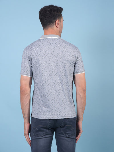 Grey Printed Polo Neck T-Shirt-Men T-Shirts-Crimsoune Club