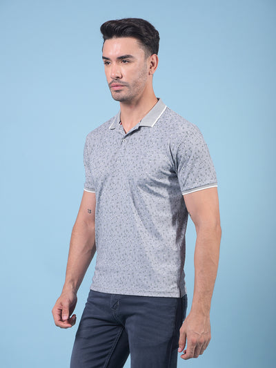 Grey Printed Polo Neck T-Shirt-Men T-Shirts-Crimsoune Club