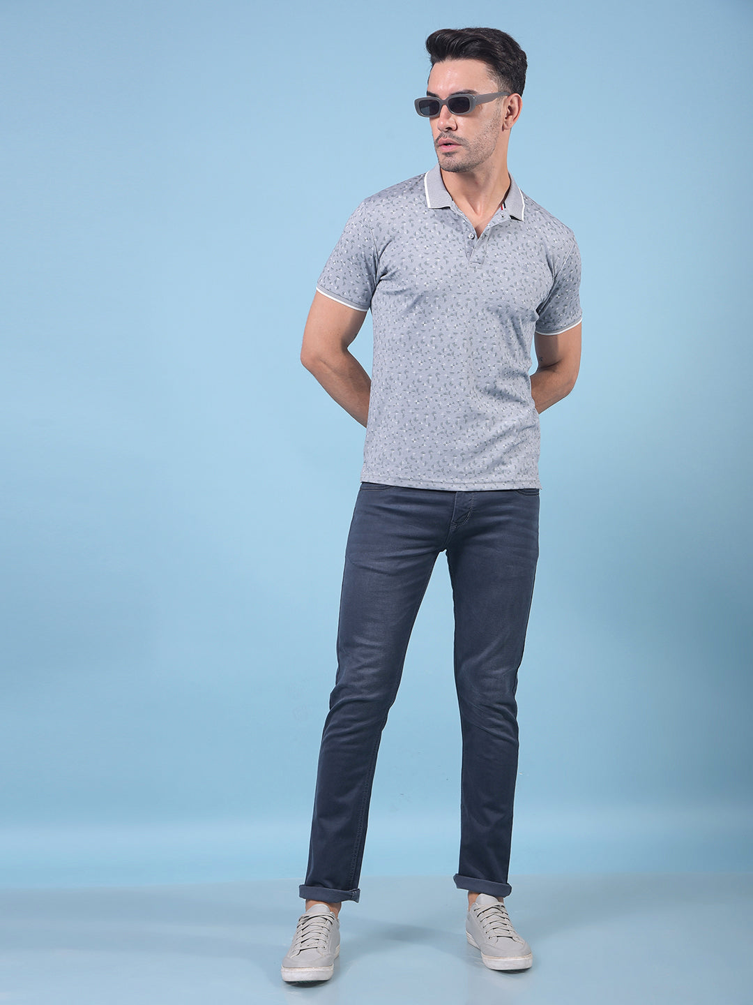 Grey Printed Polo Neck T-Shirt-Men T-Shirts-Crimsoune Club
