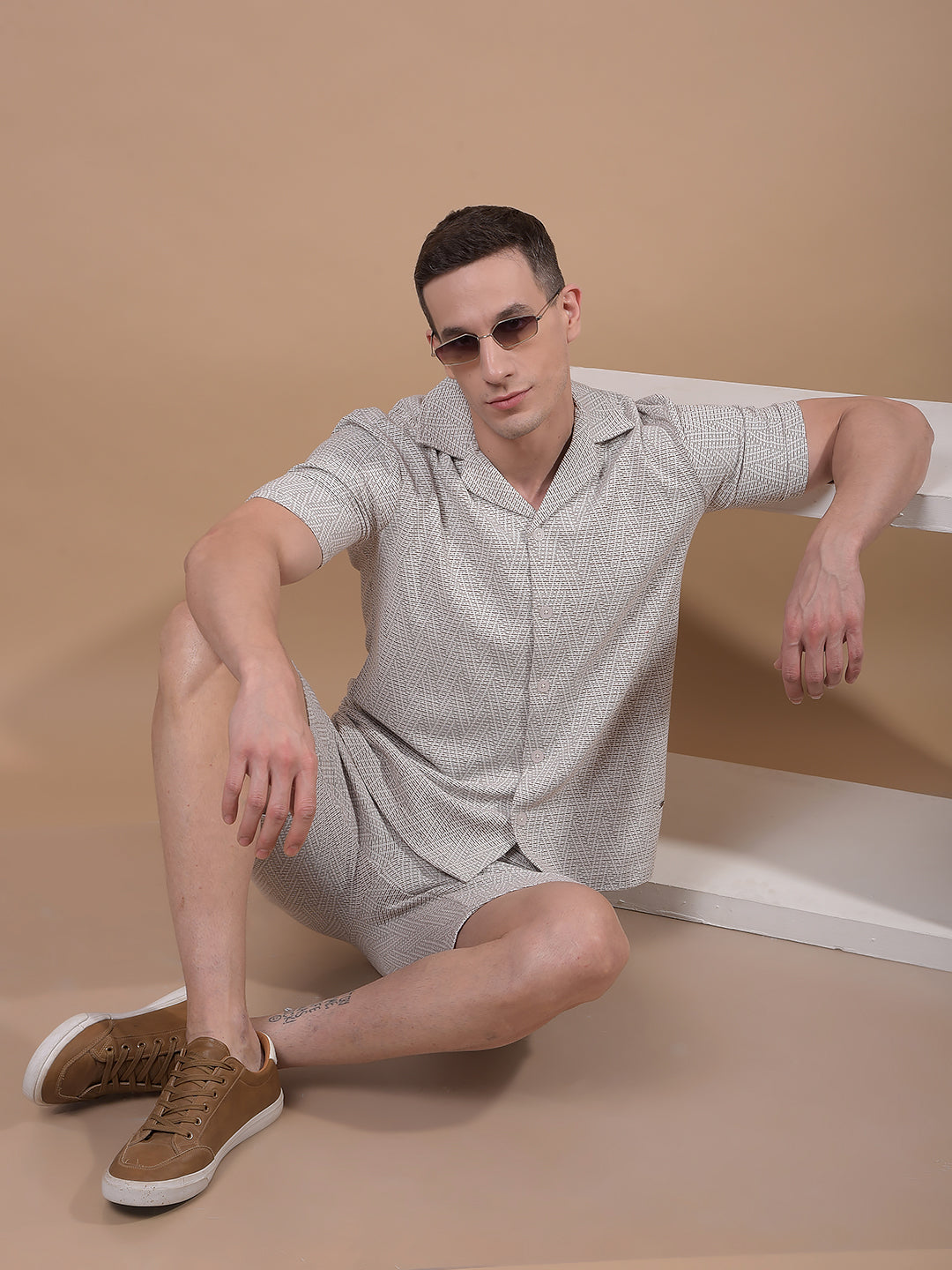 Beige Jacquard Resort Collar Knitted Shirt-Men Shirts-Crimsoune Club