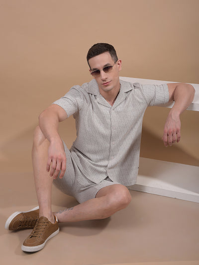 Beige Jacquard Resort Collar Knitted Shirt-Men Shirts-Crimsoune Club