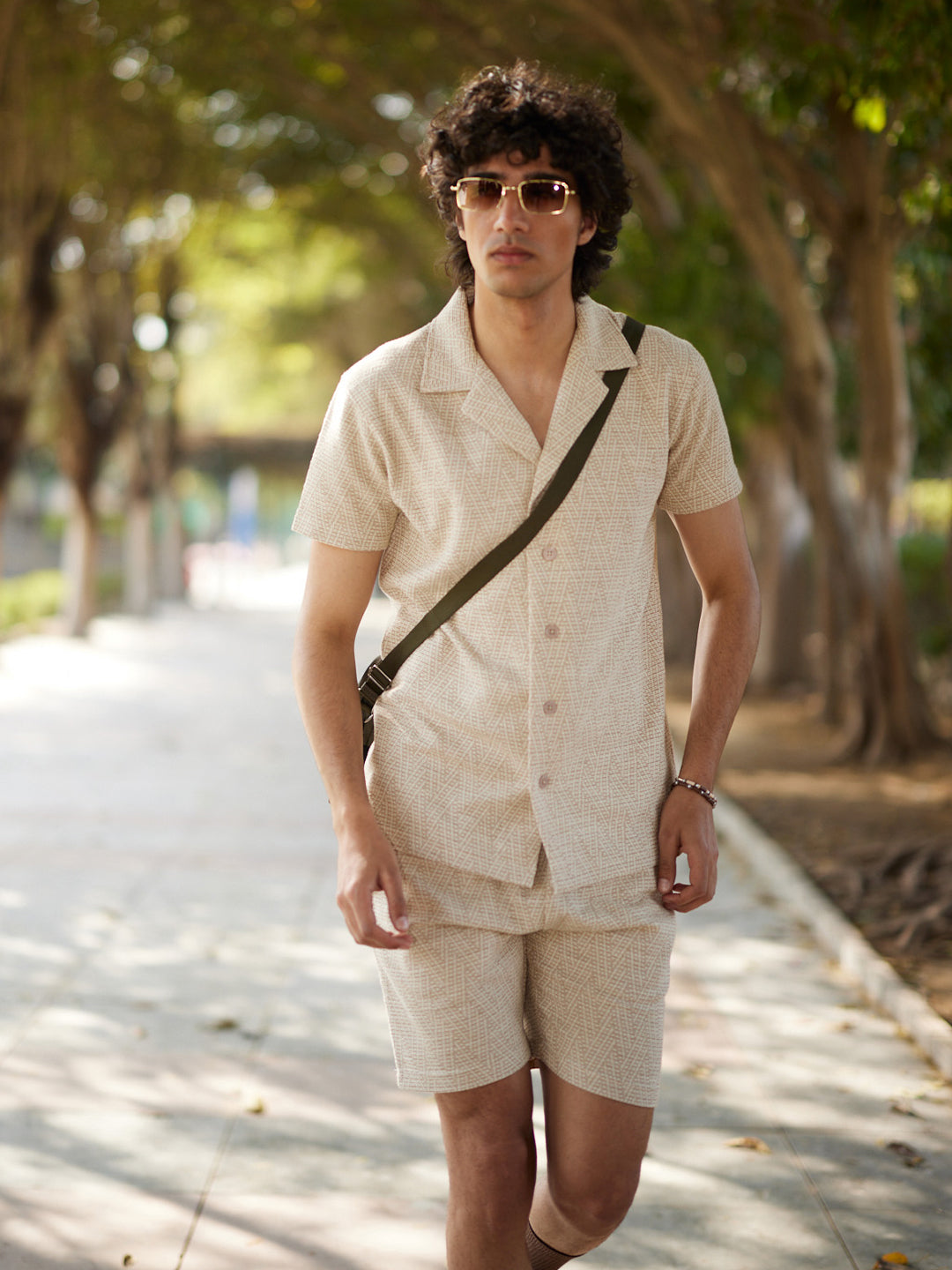Beige Jacquard Resort Collar Knitted Shirt-Men Shirts-Crimsoune Club