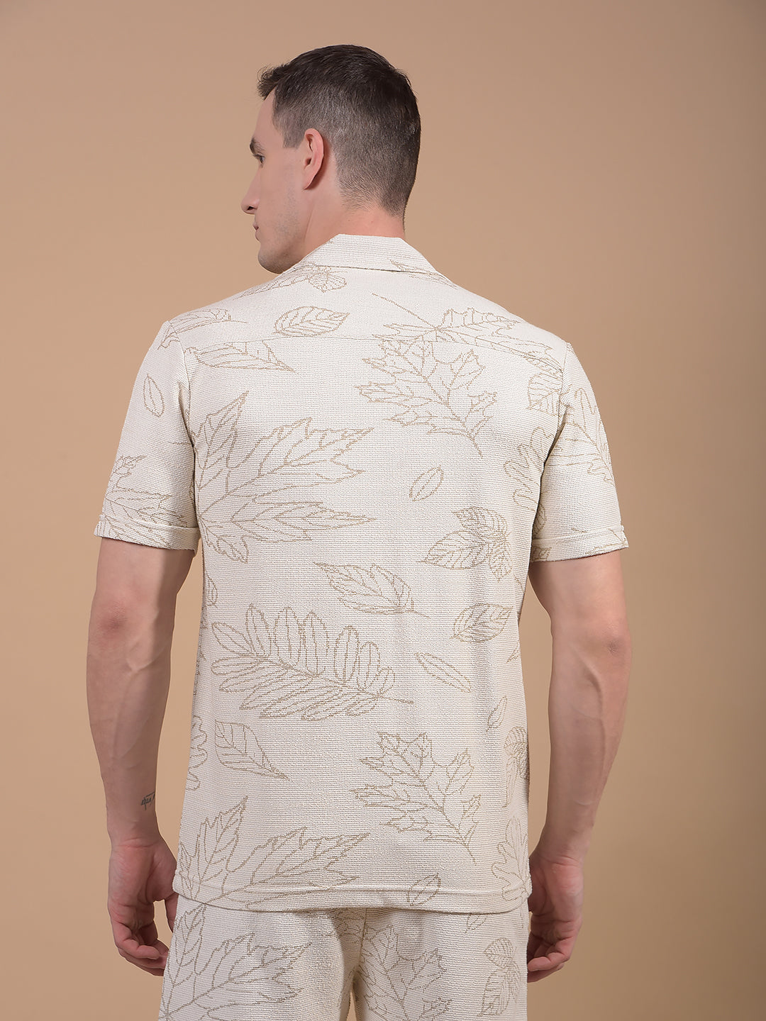 Beige Floral Print Resort Collar Knitted Shirt-Men Shirts-Crimsoune Club