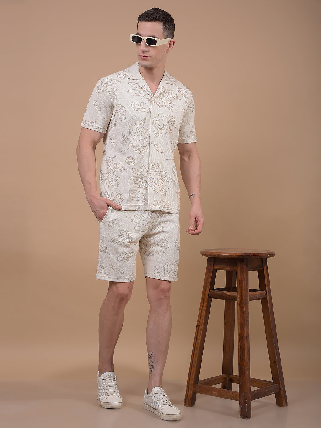 Beige Floral Print Knitted Shorts-Men Shorts-Crimsoune Club