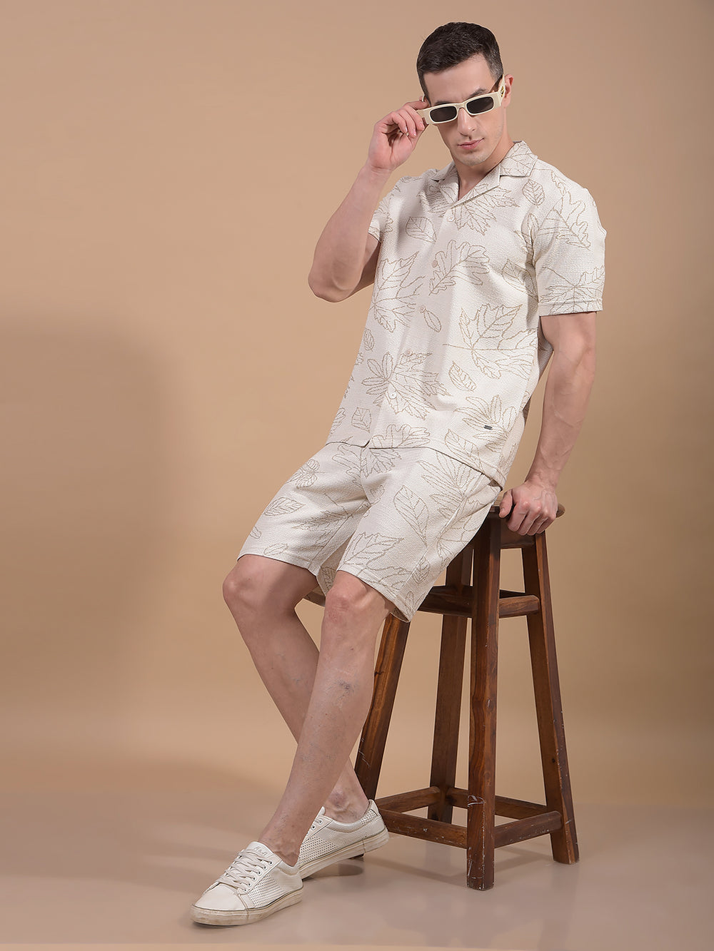 Beige Floral Print Knitted Shorts-Men Shorts-Crimsoune Club