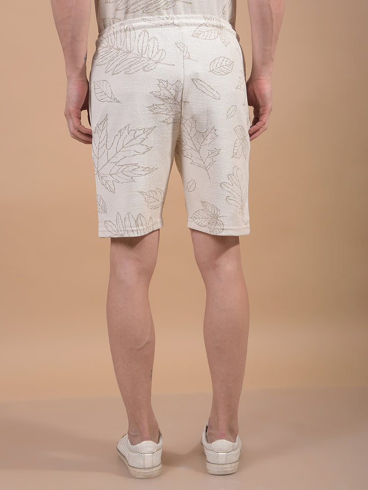 Beige Floral Print Knitted Shorts-Men Shorts-Crimsoune Club