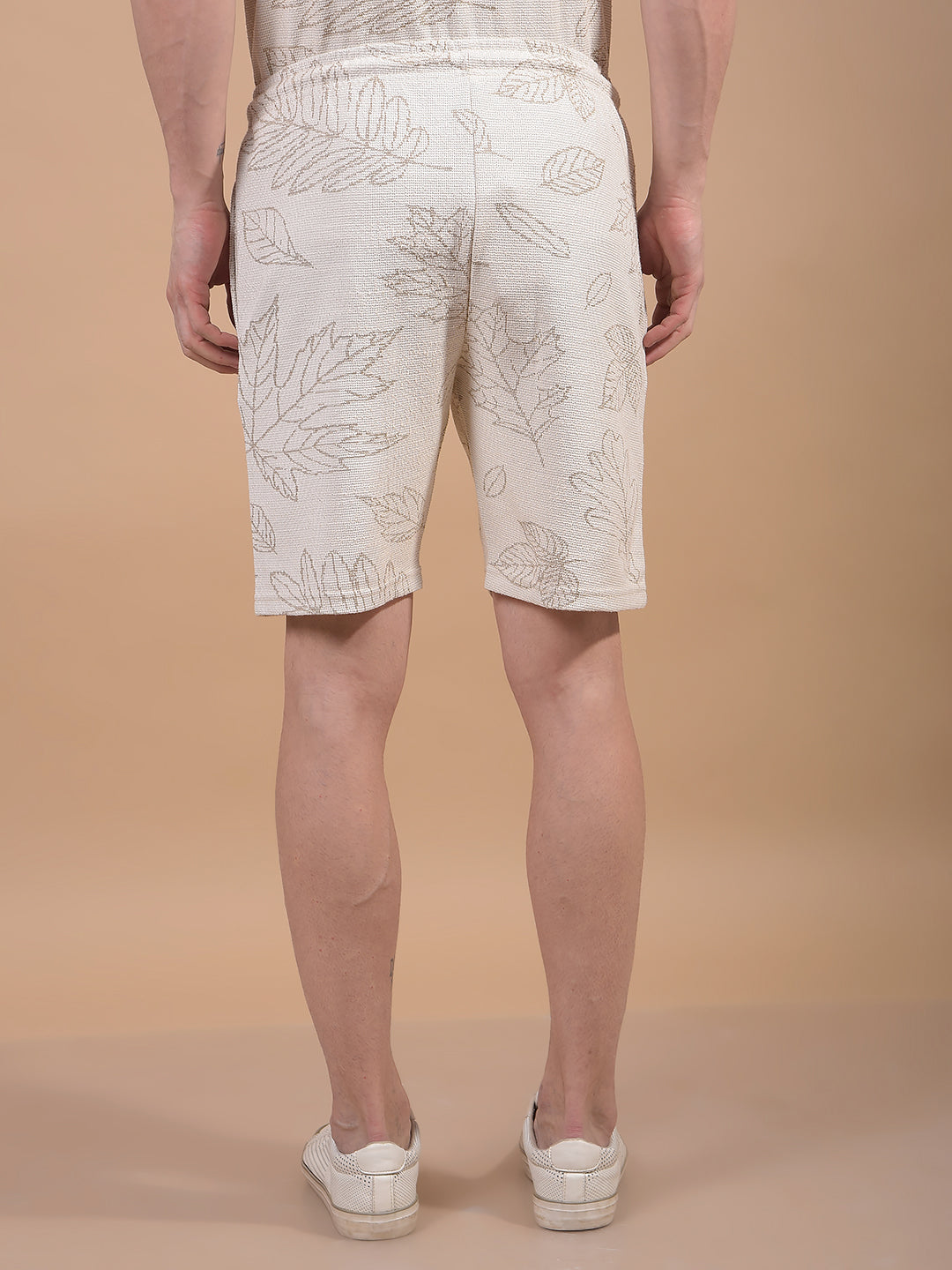 Beige Floral Print Knitted Shorts-Men Shorts-Crimsoune Club