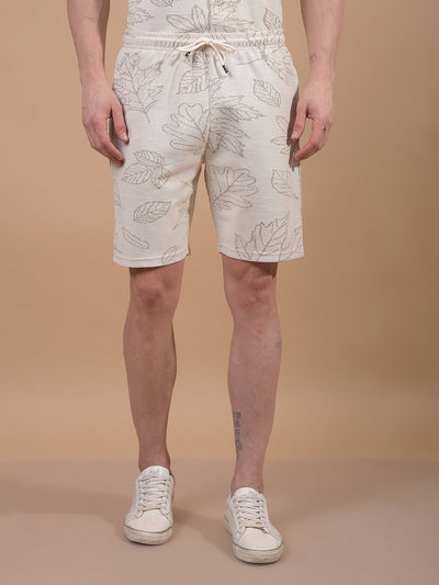 Beige Floral Print Knitted Shorts-Men Shorts-Crimsoune Club