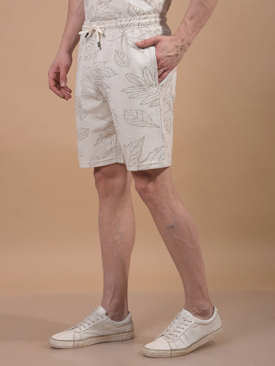 Beige Floral Print Knitted Shorts-Men Shorts-Crimsoune Club