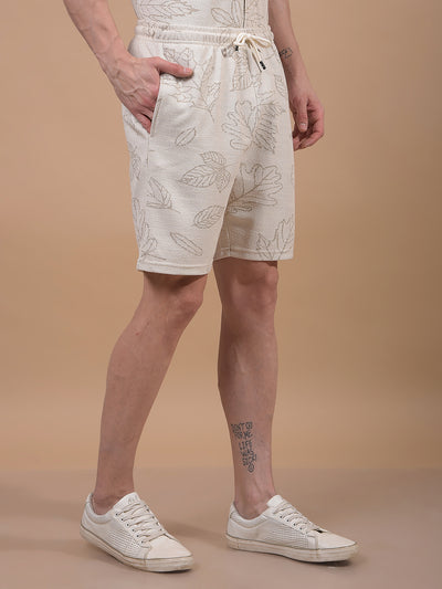 Beige Floral Print Knitted Shorts-Men Shorts-Crimsoune Club