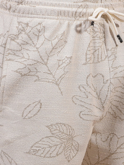 Beige Floral Print Knitted Shorts-Men Shorts-Crimsoune Club