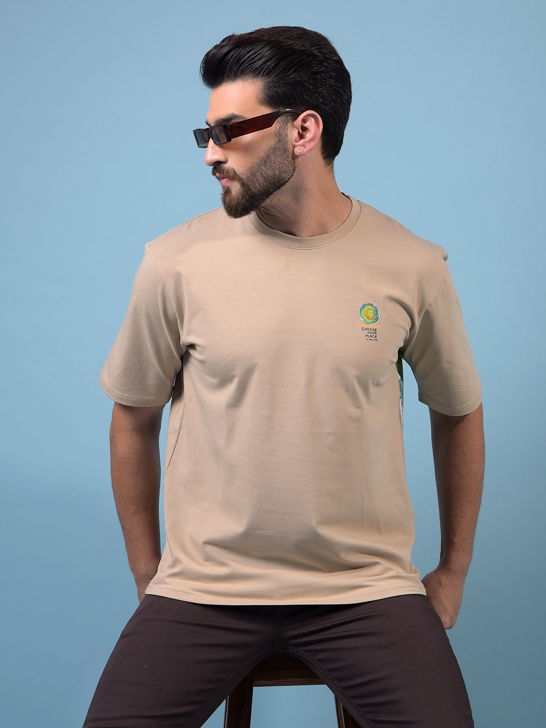 Men's Beige Graphic Print Round Neck T-Shirt-Men T-Shirts-Crimsoune Club