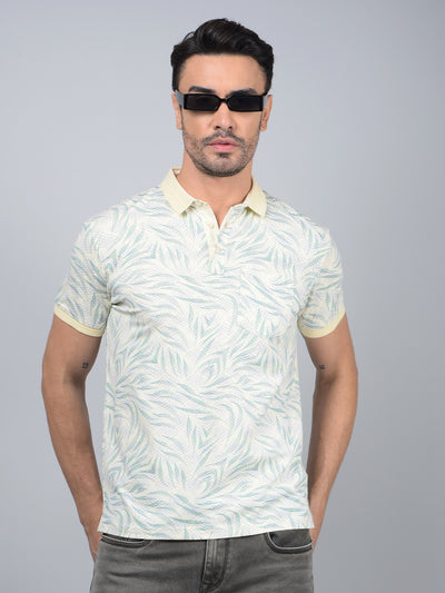 Blue Printed Polo Neck Cotton T-Shirt-Men T-Shirts-Crimsoune Club