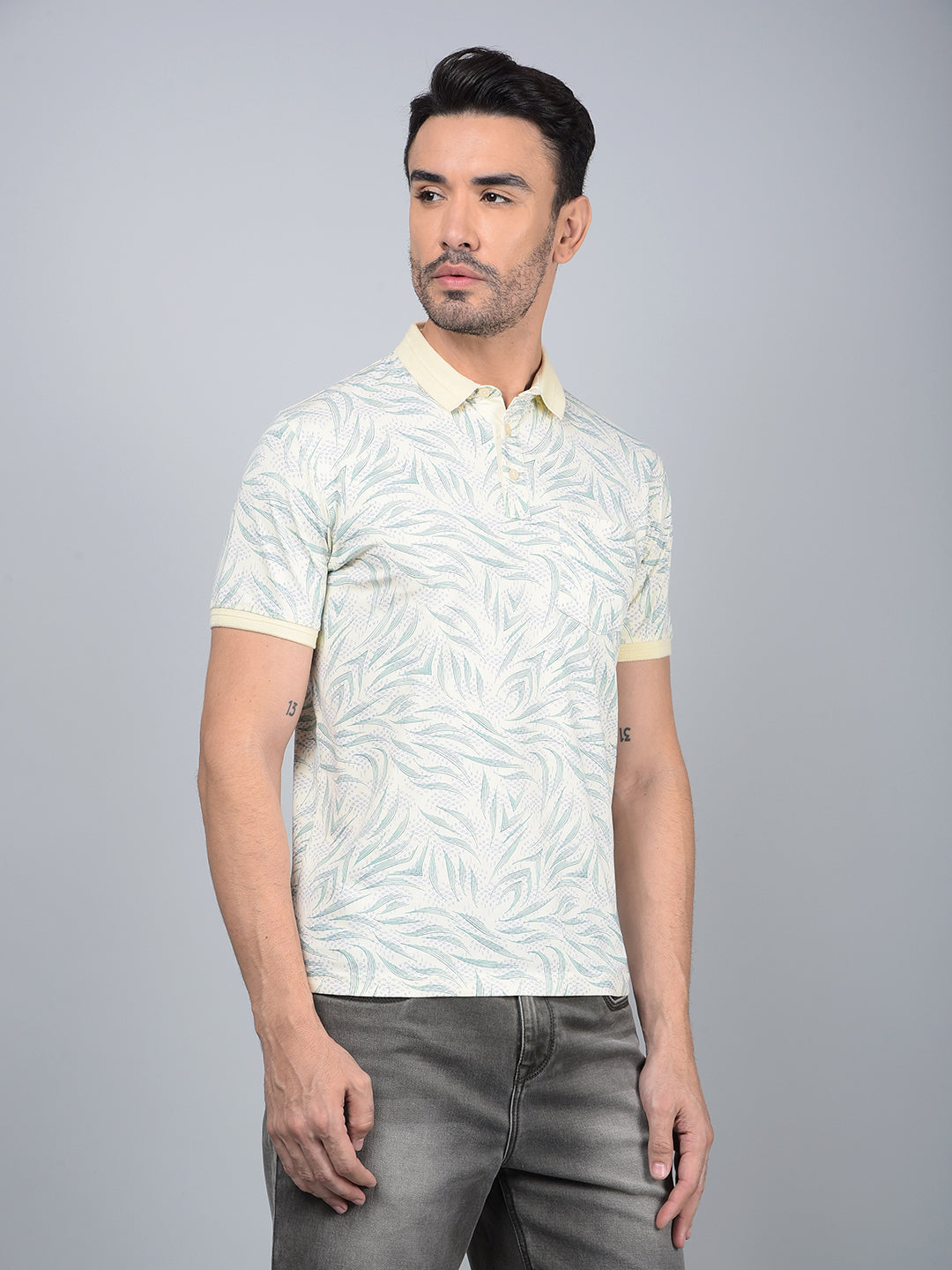 Blue Printed Polo Neck Cotton T-Shirt-Men T-Shirts-Crimsoune Club