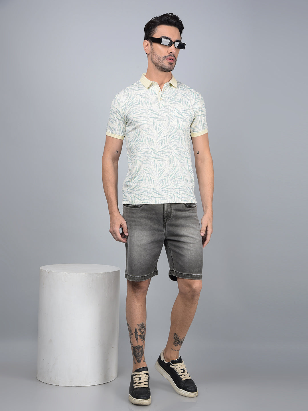 Blue Printed Polo Neck Cotton T-Shirt-Men T-Shirts-Crimsoune Club