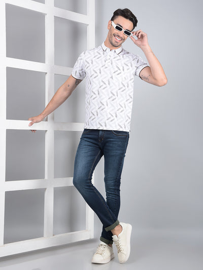Grey Printed Polo Neck T-Shirt-Men T-Shirts-Crimsoune Club