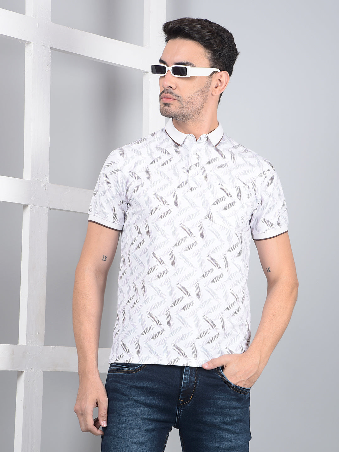 Grey Printed Polo Neck T-Shirt-Men T-Shirts-Crimsoune Club