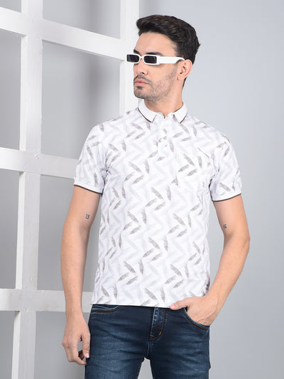Grey Printed Polo Neck T-Shirt-Men T-Shirts-Crimsoune Club