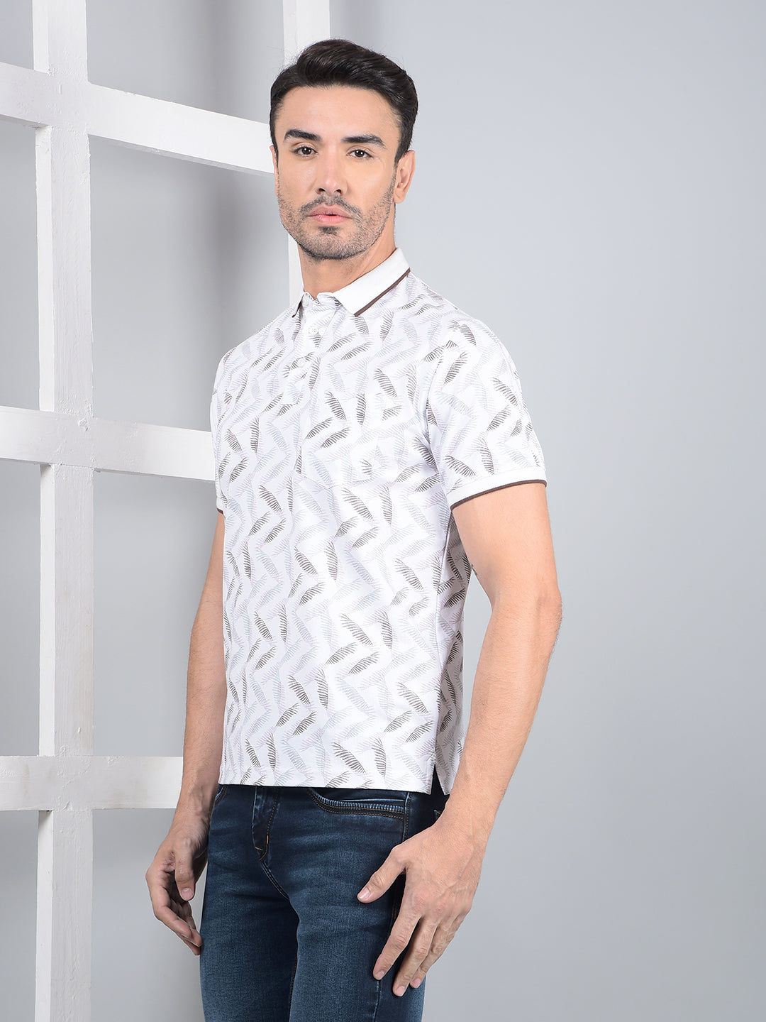 Grey Printed Polo Neck T-Shirt-Men T-Shirts-Crimsoune Club