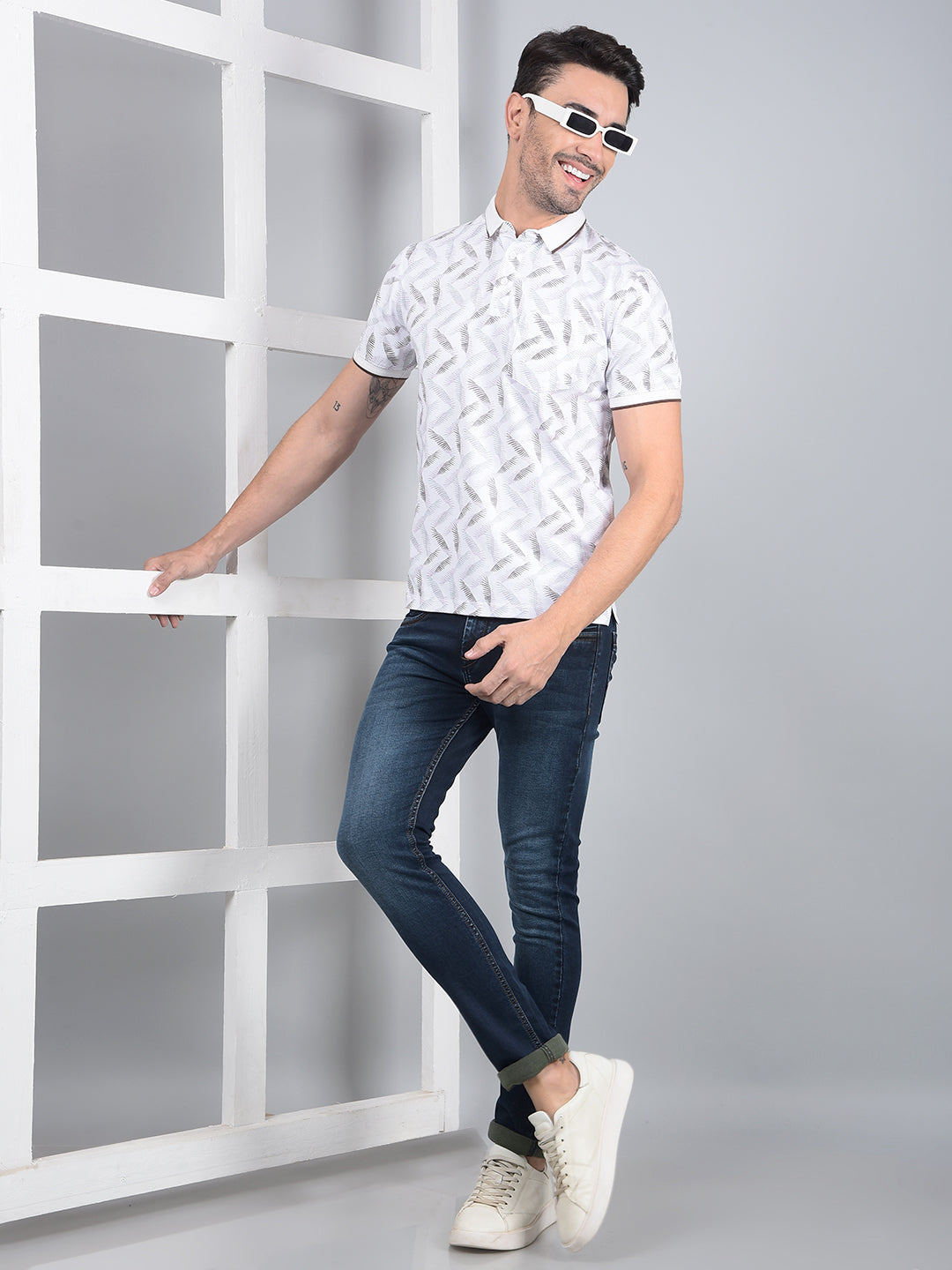 Grey Printed Polo Neck T-Shirt-Men T-Shirts-Crimsoune Club