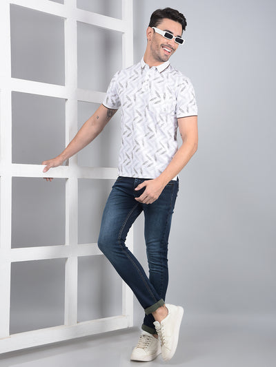 Grey Printed Polo Neck T-Shirt-Men T-Shirts-Crimsoune Club