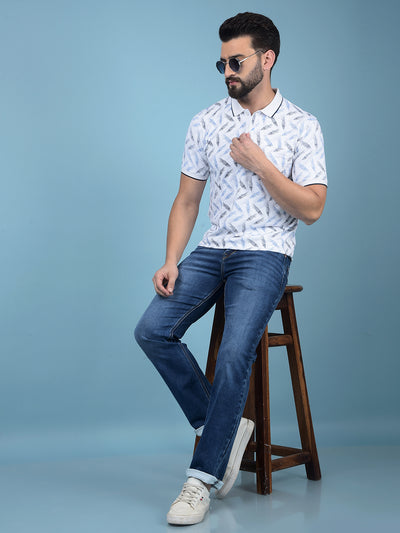 Blue Floral Print Polo-Neck T-Shirt-Men T-Shirts-Crimsoune Club