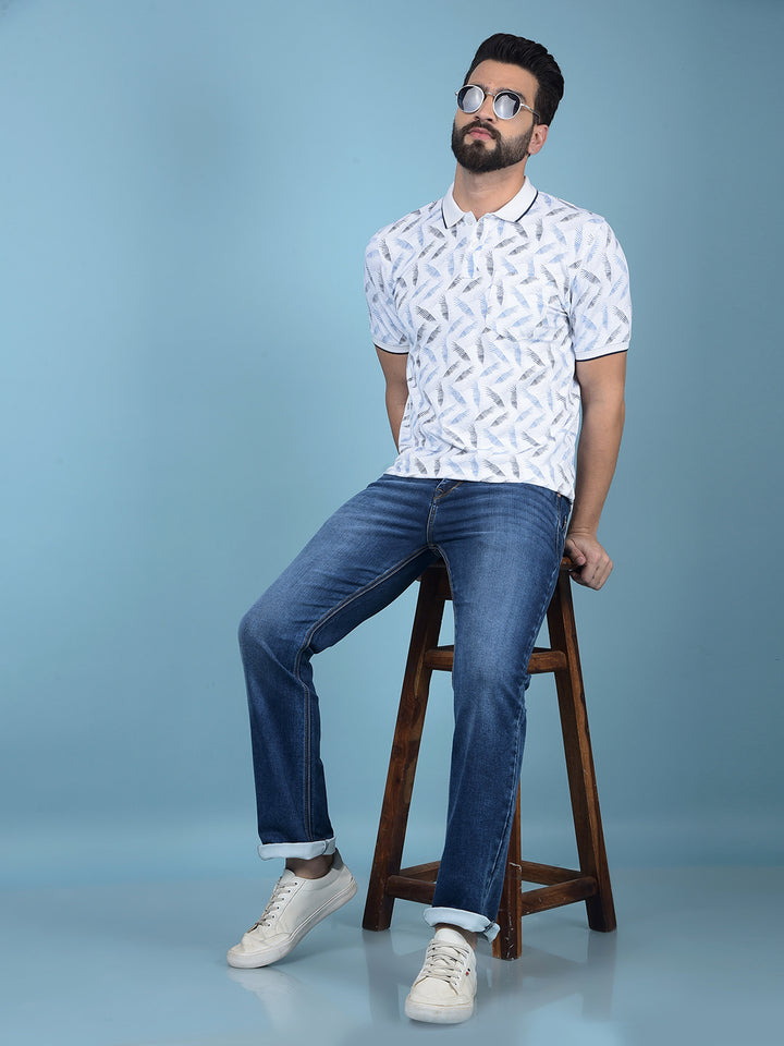 Blue Floral Print Polo-Neck T-Shirt-Men T-Shirts-Crimsoune Club