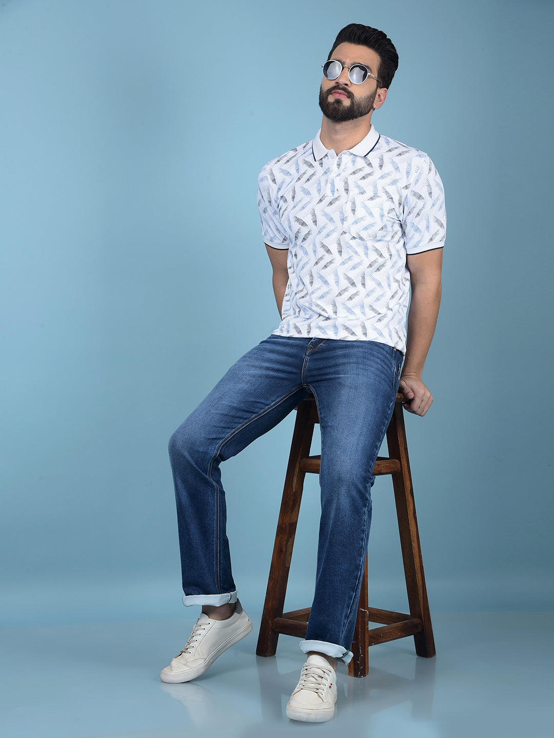Blue Floral Print Polo-Neck T-Shirt-Men T-Shirts-Crimsoune Club