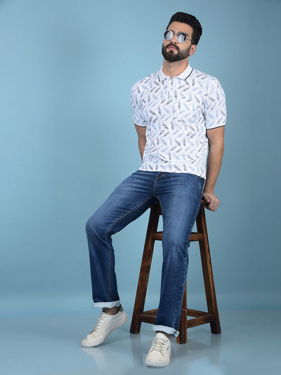 Blue Floral Print Polo-Neck T-Shirt-Men T-Shirts-Crimsoune Club