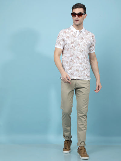 Brown Floral Print Polo-Neck T-Shirt-Men T-Shirts-Crimsoune Club