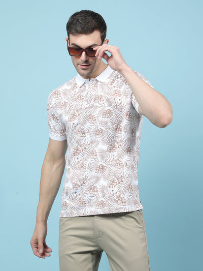 Brown Floral Print Polo-Neck T-Shirt-Men T-Shirts-Crimsoune Club