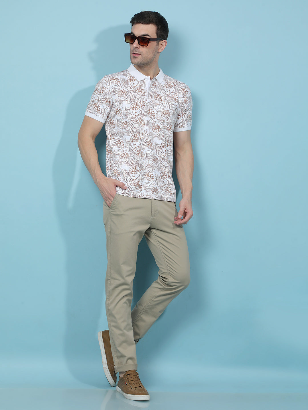 Brown Floral Print Polo-Neck T-Shirt-Men T-Shirts-Crimsoune Club