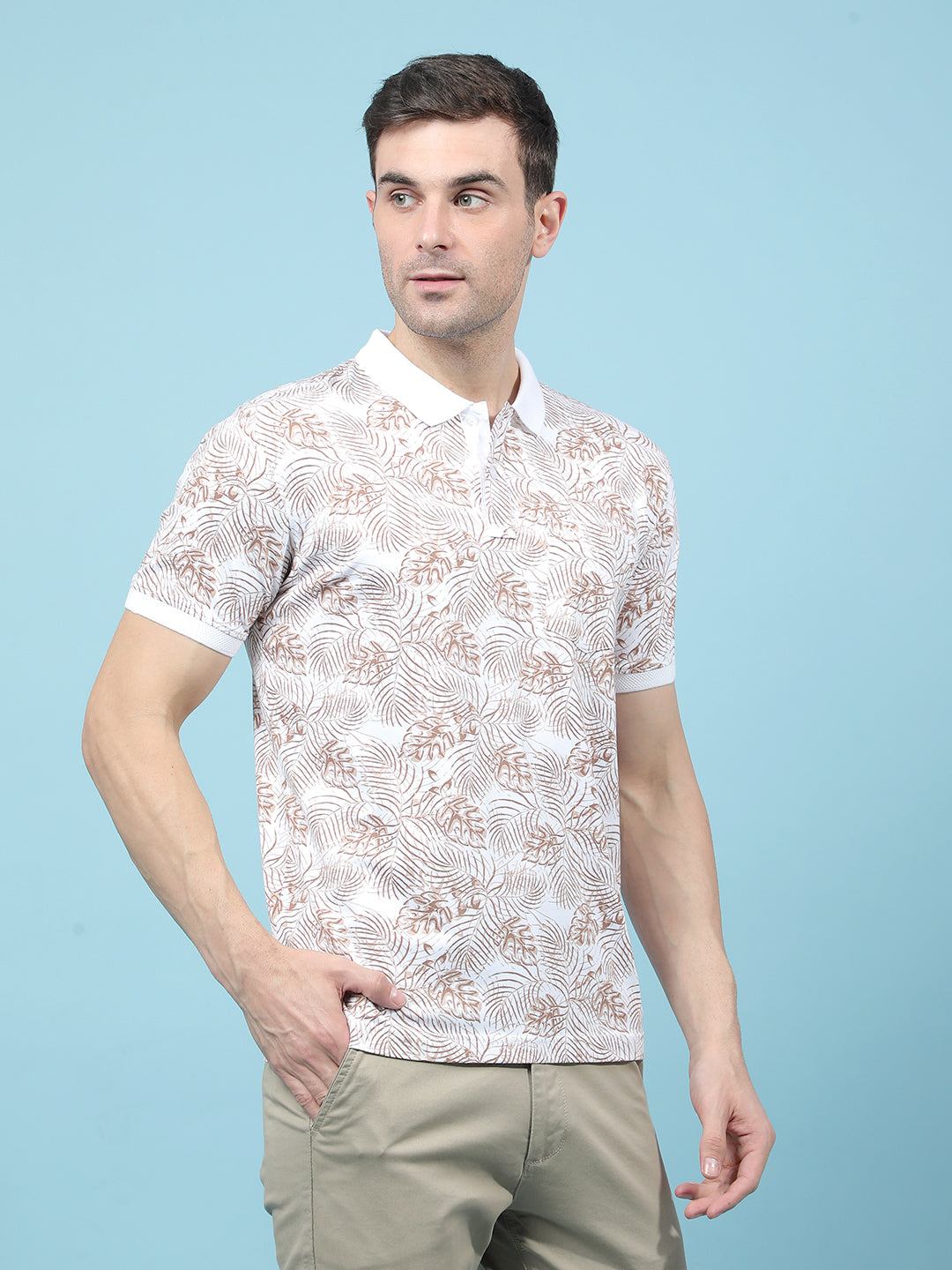 Brown Floral Print Polo-Neck T-Shirt-Men T-Shirts-Crimsoune Club