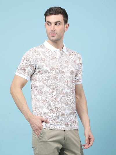 Brown Floral Print Polo-Neck T-Shirt-Men T-Shirts-Crimsoune Club