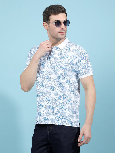 Blue Floral Print Polo-Neck T-Shirt-Men T-Shirts-Crimsoune Club
