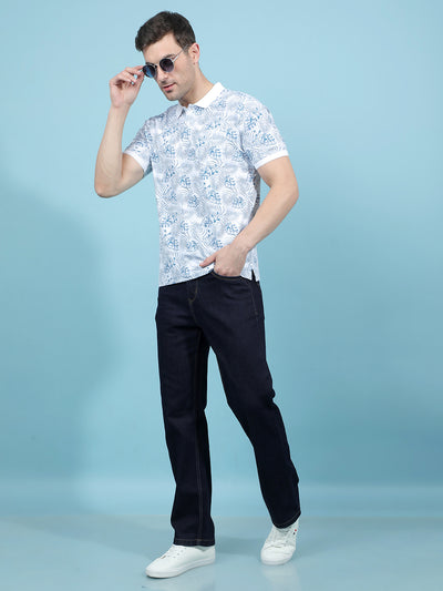 Blue Floral Print Polo-Neck T-Shirt-Men T-Shirts-Crimsoune Club