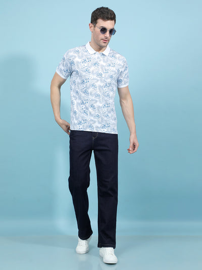 Blue Floral Print Polo-Neck T-Shirt-Men T-Shirts-Crimsoune Club