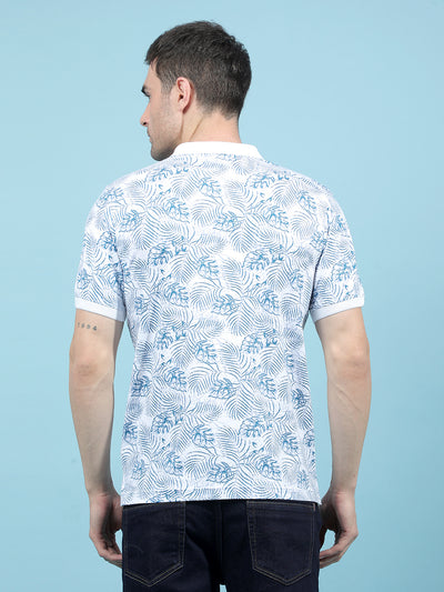 Blue Floral Print Polo-Neck T-Shirt-Men T-Shirts-Crimsoune Club