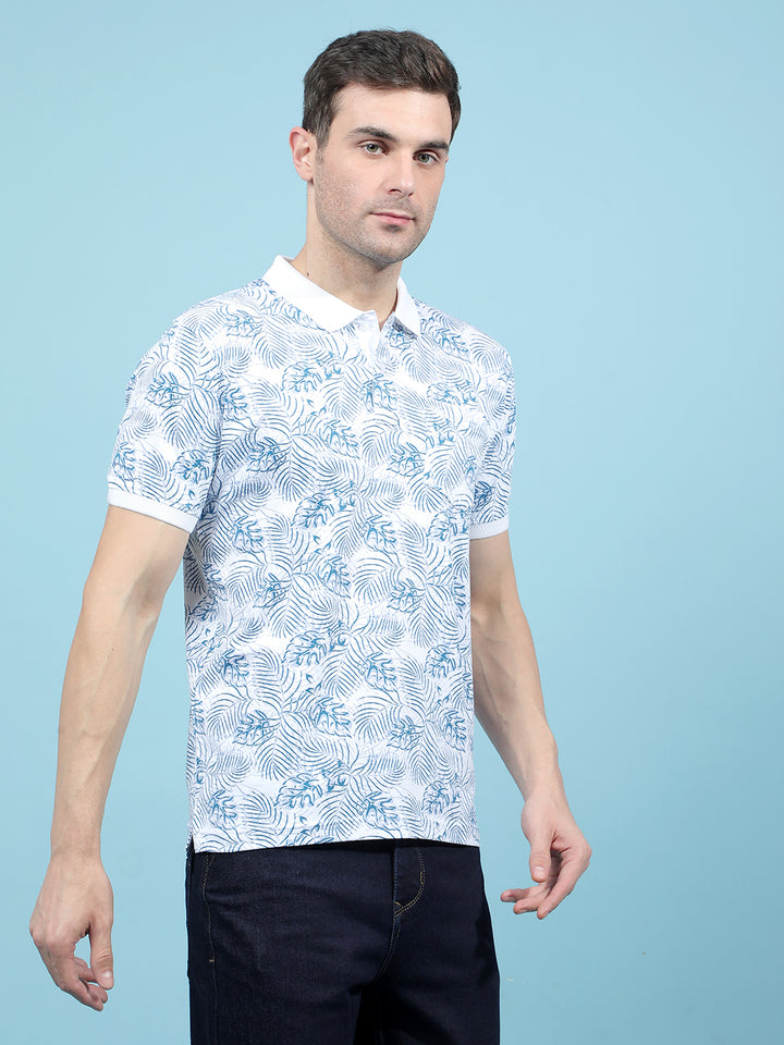 Blue Floral Print Polo-Neck T-Shirt-Men T-Shirts-Crimsoune Club